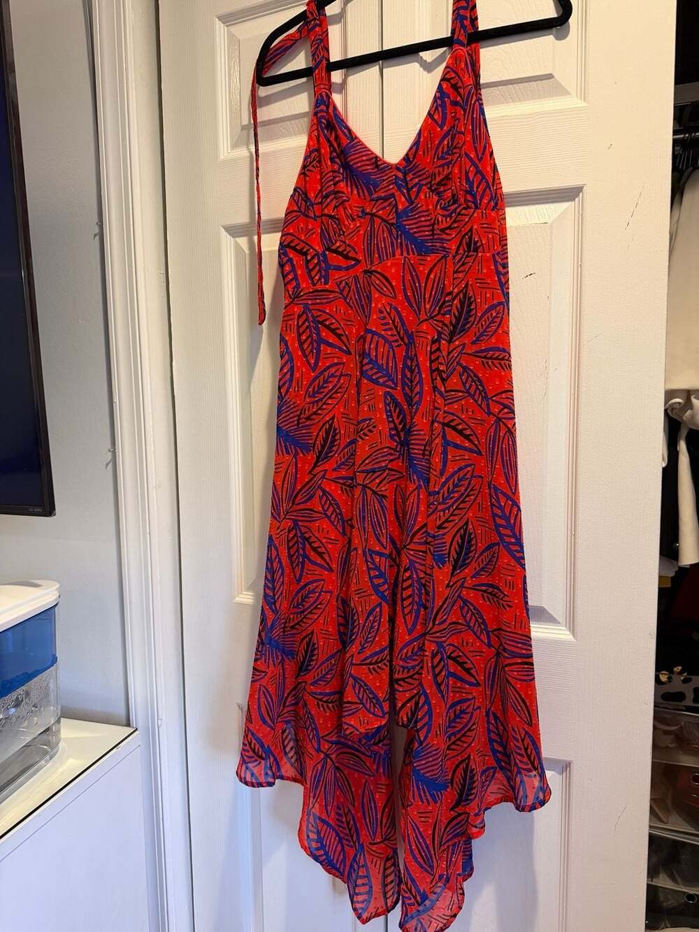 Alexis Tropical Leaf Tie Strap Asymmetrical Hem Dress Orange Blue Size M